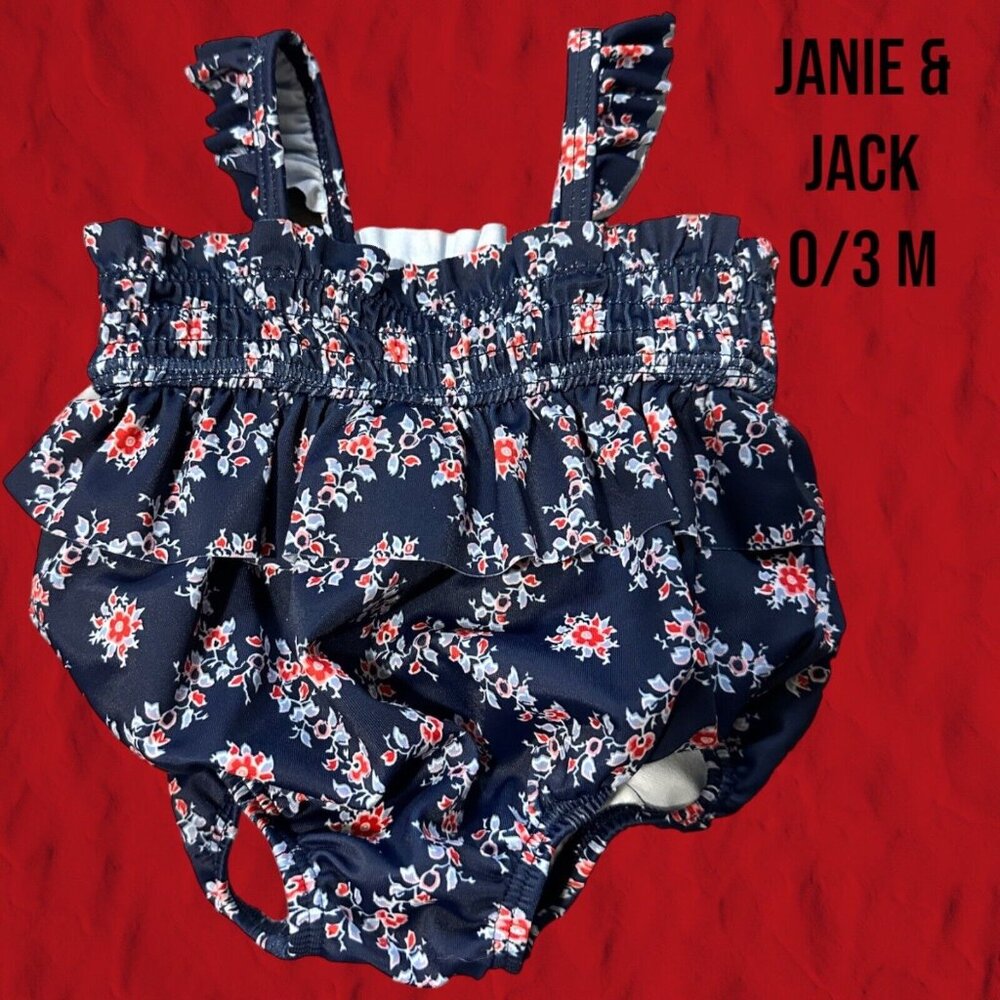 0/3 M -Janie And Jack Baby Girl Blue Floral One Piece Swimsuit -EUC